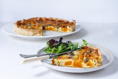 A delicious recipe for butternut and blue cheese quiche.