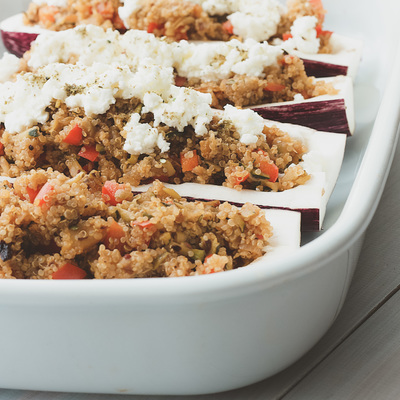 Stuffed aubergines (eggplants) with quinoa, Summer vegetables and feta cheese recipe