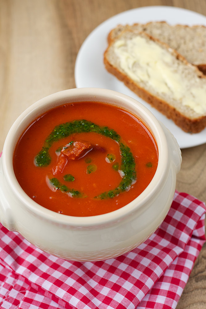 Tomato Soup with Red Kidney Beans, Chorizo and Parsley Oil Recipe