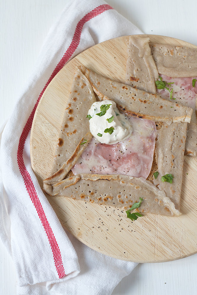 Buckwheat Galettes with Ham, Cheese and Roast Garlic and Parsley Crème Fraîche Recipe