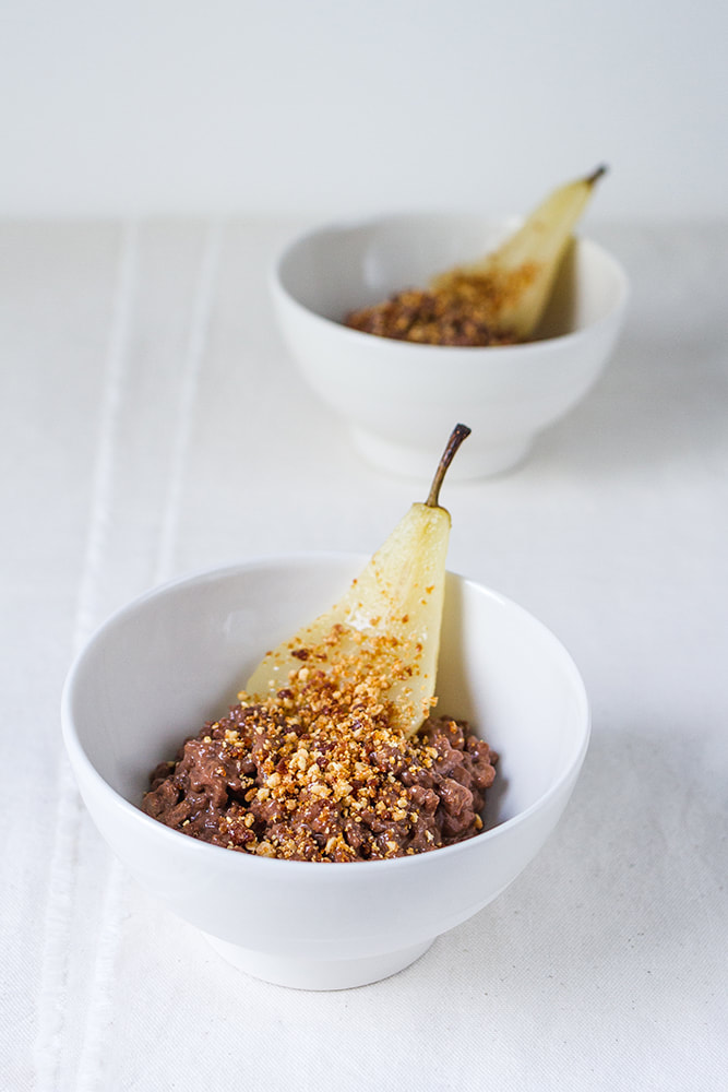 Chocolate Rice Pudding with Poached Pear and Hazelnut Praline Recipe