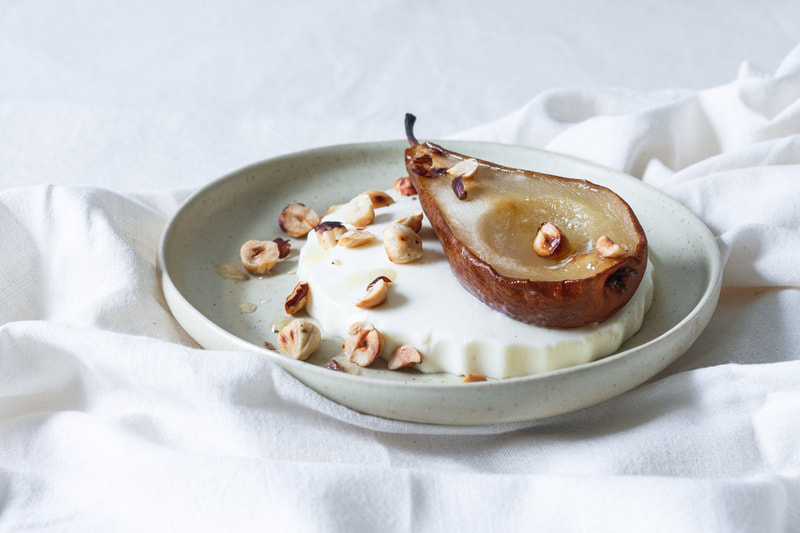 Yogurt Panna Cotta with Butter Honey Roasted Pears and Hazelnuts Recipe