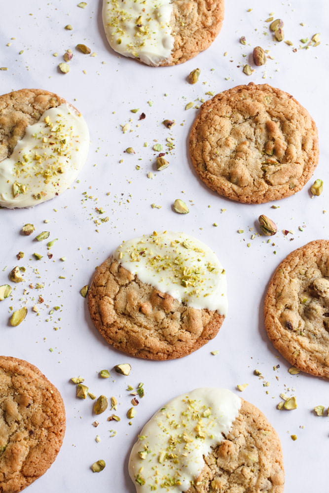 A delicious recipe for chewy yet crispy on the edges pistachio and white chocolate cookies