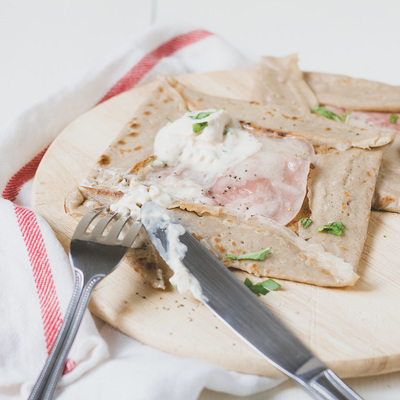 Buckwheat crepes with ham and garlic creme fraiche recipe