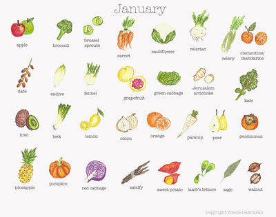 Seasonal fruit and vegetables calendar for the month of January