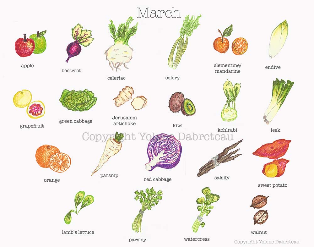 Seasonal fruit and vegetables calendar for the month of March